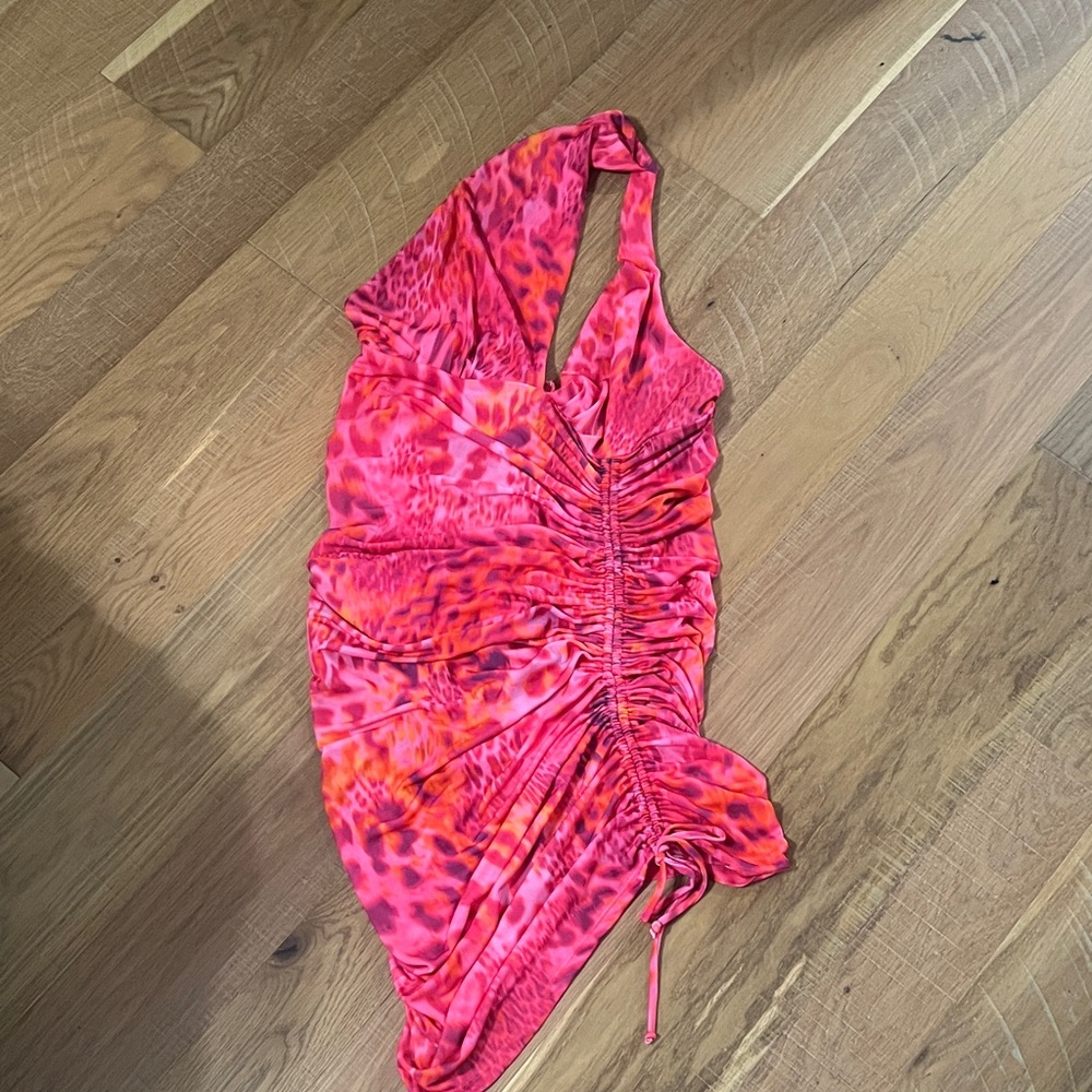 Asymmetrical Ruched Halter Dress in Hot Pink-Orange Print